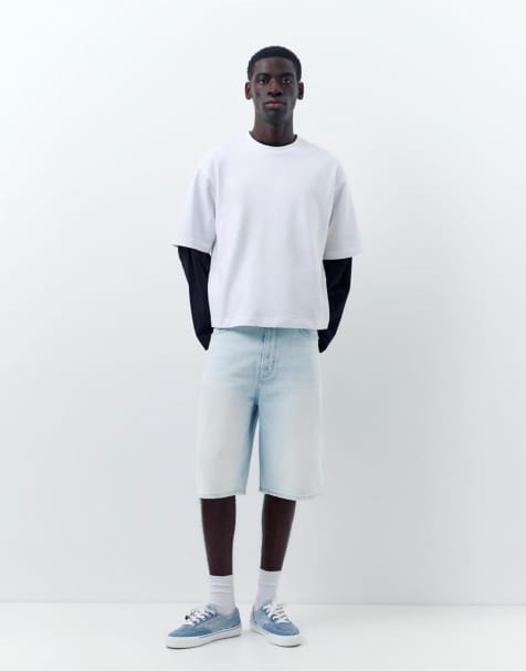 Pull&Bear - Pantaloncini bermuda skater in denim blu pallido - view 1