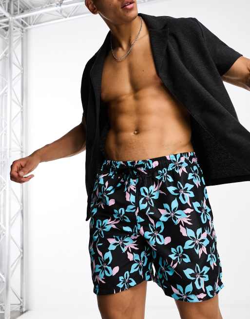 Pull&Bear - Pantaloncini da bagno blu con stampa di petali