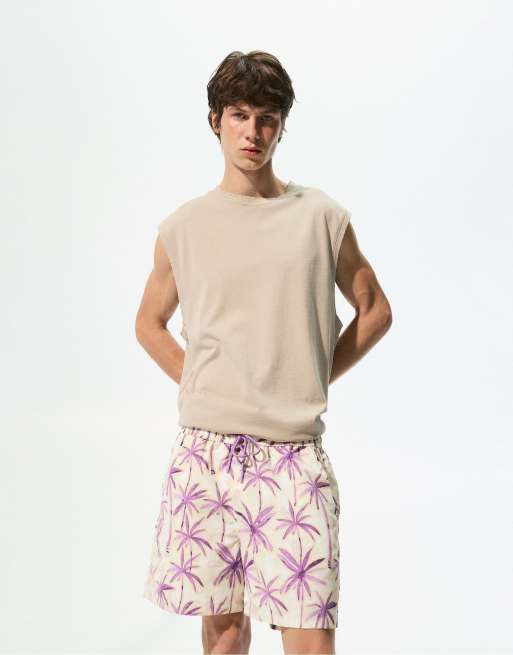 Pull&Bear - Pantaloncini da bagno con stampa di palme multicolore