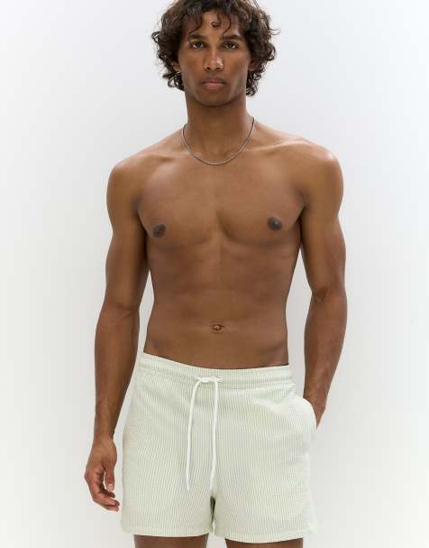 Pull&Bear - Pantaloncini da bagno in seersucker verde pallido a righe - view 1