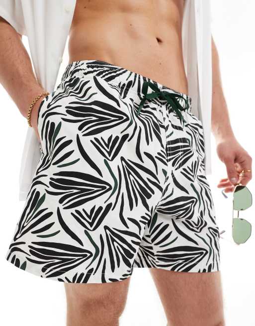 Pull&Bear - Pantaloncini da bagno neri e bianchi con stampa di foglie
