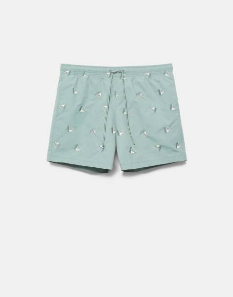 Pull&Bear - Pantaloncini da surf verdi ricamati - view 1