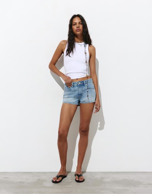 Pull&Bear - Pantaloncini di jeans a vita bassa blu medio, 4 di 4