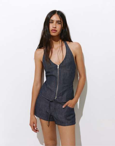 Pull&Bear - Pantaloncini di jeans blu navy con cintura - view 1