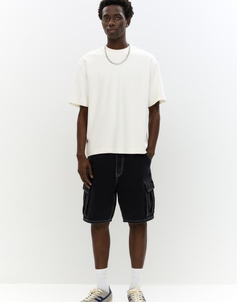 Pull&Bear - Pantaloncini di jeans cargo neri - view 1