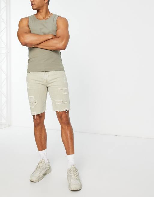 Pull&Bear - Pantaloncini di jeans kaki chiaro tinti in capo