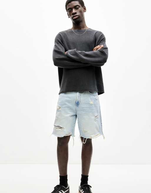 Pull&Bear - Pantaloncini in denim indaco pallido con strappi