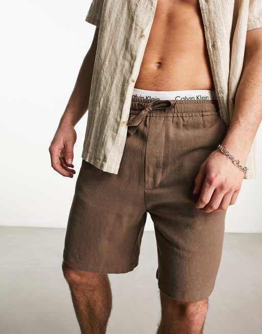 Pull&Bear - Pantaloncini in lino colore marrone