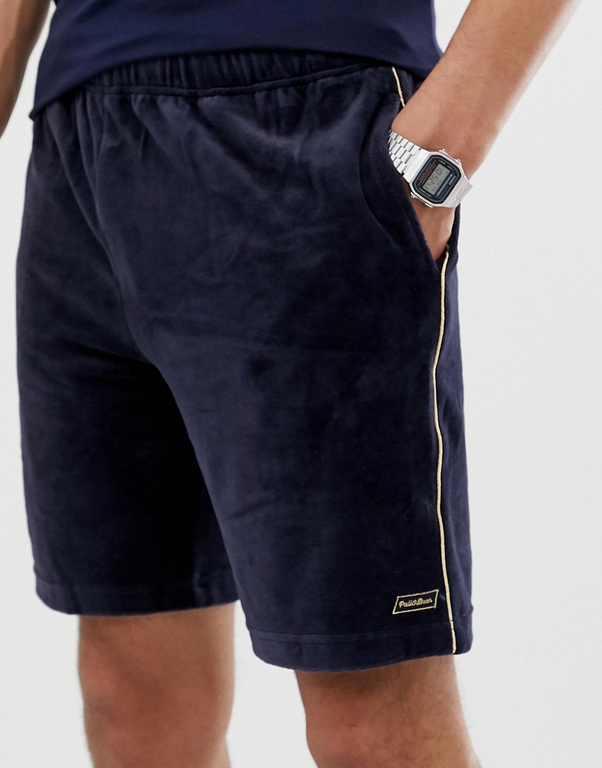 Pull&Bear - Pantaloncini jogging in velour blu navy