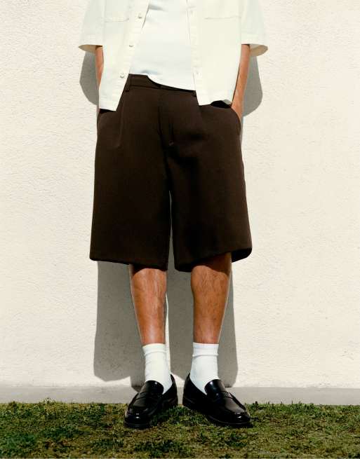Pull&Bear - Pantaloncini stile bermuda eleganti color cioccolato con pieghe, 2 di 4