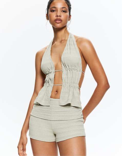 Pull&Bear - Pantaloncini verde pallido stile rustico con risvolto in vita - view 1