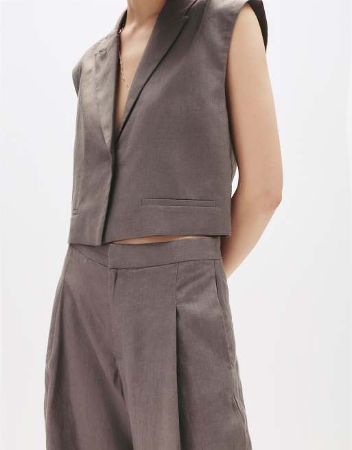 Pull&Bear - Pantaloni 100% lino color tortora con pieghe
