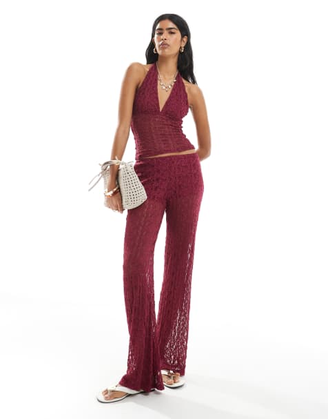 Pull&Bear - Pantaloni a fondo ampio in pizzo color bordeaux in coordinato - view 1