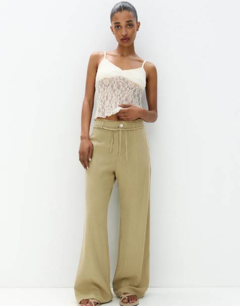 Pull&Bear - Pantaloni a fondo ampio verdi allacciati in vita con orlo grezzo - view 1