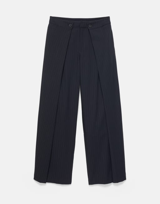 Pull&Bear pantaloni a gamba larga a righe sottili navy, 5 di 7