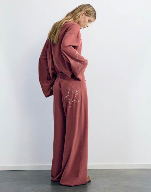 Pull&Bear pantaloni a gamba larga con stelle bordeaux, 4 di 7