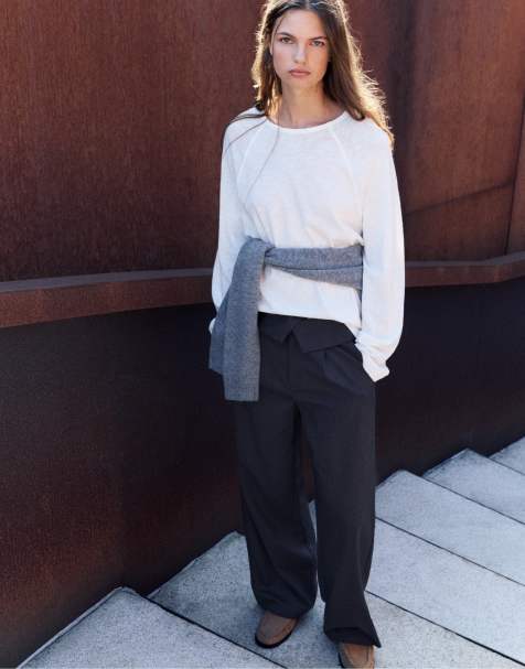Pull&Bear pantaloni a gamba larga con vita risvoltata a righe - view 1