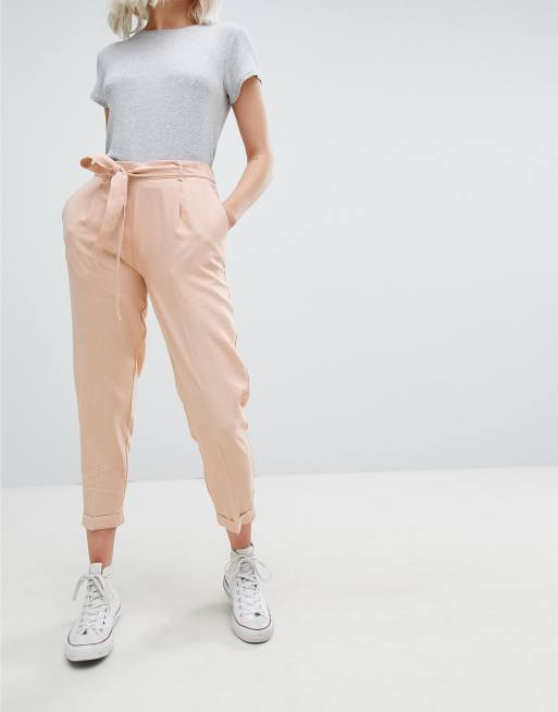 Pull&Bear - Pantaloni affusolati allacciati in vita rosa