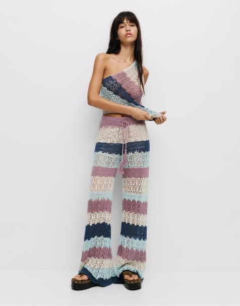 Pull&Bear - Pantaloni all'uncinetto a righe viola - view 1