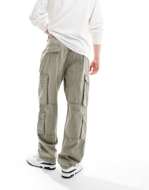Pull&Bear - Pantaloni ampi cargo multitasche kaki, 3 di 4