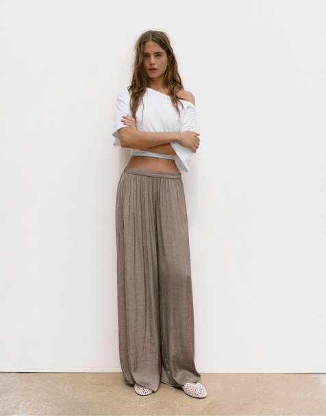 Pull&Bear pantaloni ampi in raso marrone talpa - view 1