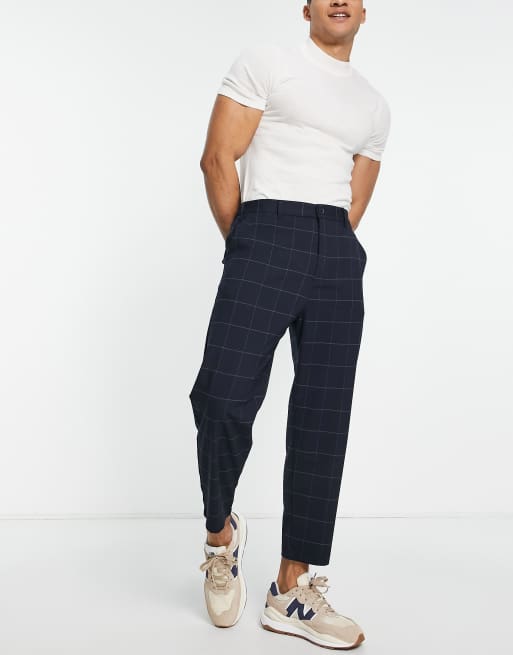 Pull&Bear - Pantaloni ampi sartoriali blu navy a quadri