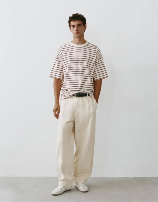 Pull&Bear pantaloni baggy con pince color bianco sporco
