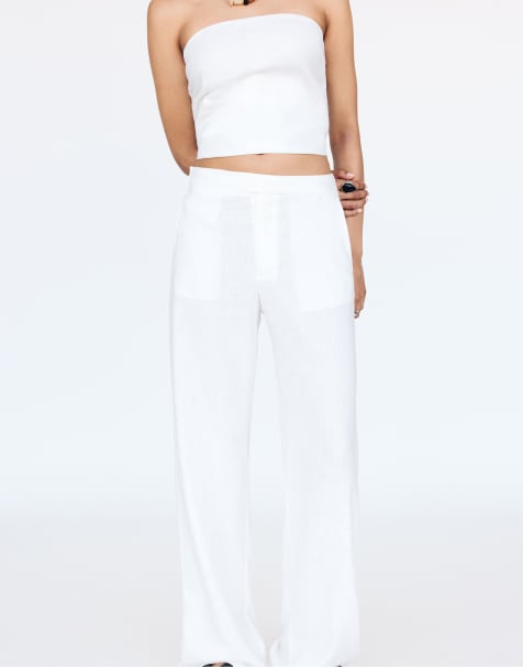 Pull&Bear - Pantaloni bianchi in tessuto grezzo con vita incrociata - view 1