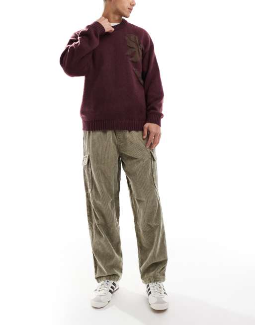 Pull&Bear - Pantaloni cargo in tessuto a coste color pietra a fondo ampio