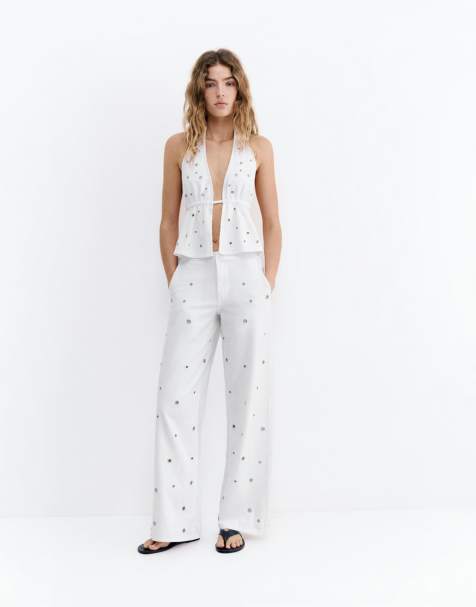 Pull&Bear - Pantaloni dritti bianchi con occhielli - view 1