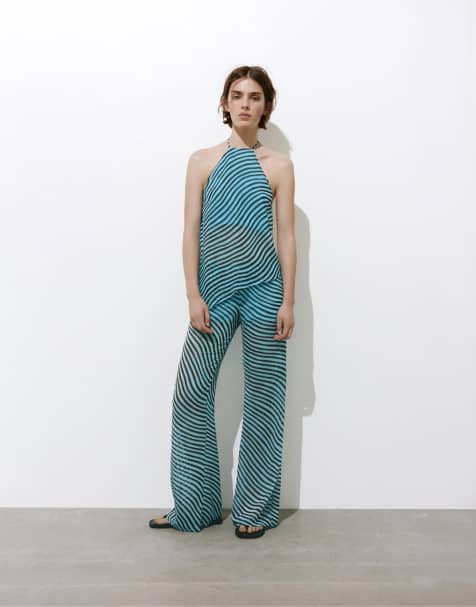Pull&Bear - Pantaloni dritti blu con stampa ondulata - view 1