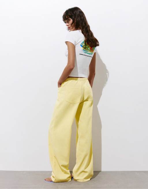 Pull&Bear - Pantaloni dritti gialli con coulisse, 4 di 4