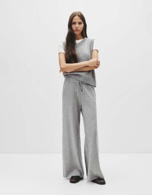 Pull&Bear - Pantaloni dritti in maglia morbida grigio mélange medio