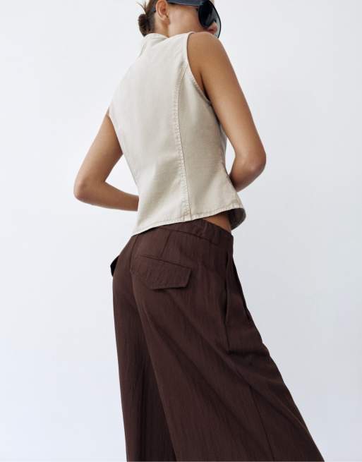 Pull&Bear pantaloni eleganti con vita elasticizzata marroni, 4 di 7
