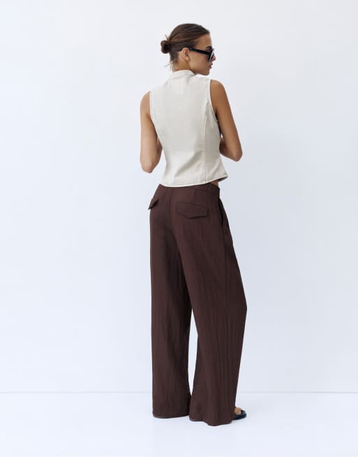 Pull&Bear pantaloni eleganti con vita elasticizzata marroni, 5 di 7