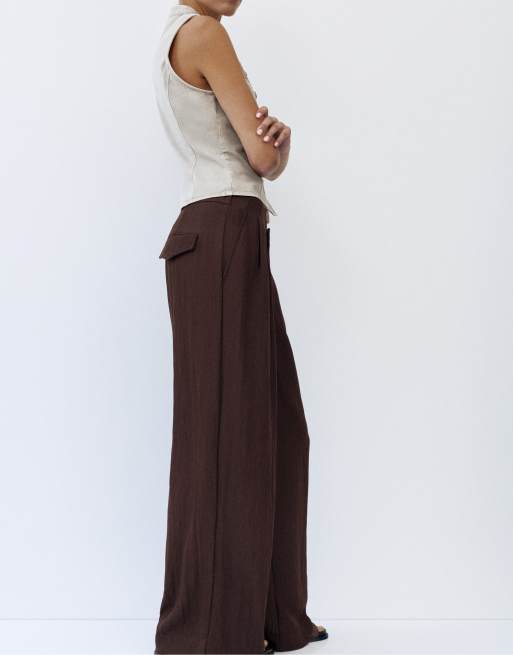 Pull&Bear pantaloni eleganti con vita elasticizzata marroni, 6 di 7