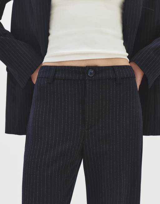 Pull&Bear - Pantaloni eleganti dritti a vita alta neri gessati, 3 di 4