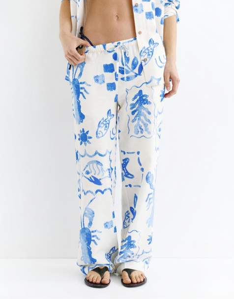Pull&Bear - Pantaloni fluidi color sabbia con stampa marina - view 1