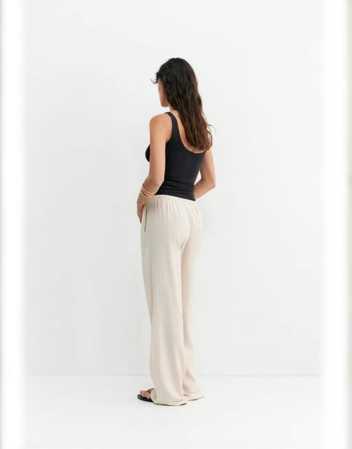 Pull&Bear - Pantaloni fluidi in misto lino e viscosa color sabbia, 5 di 7