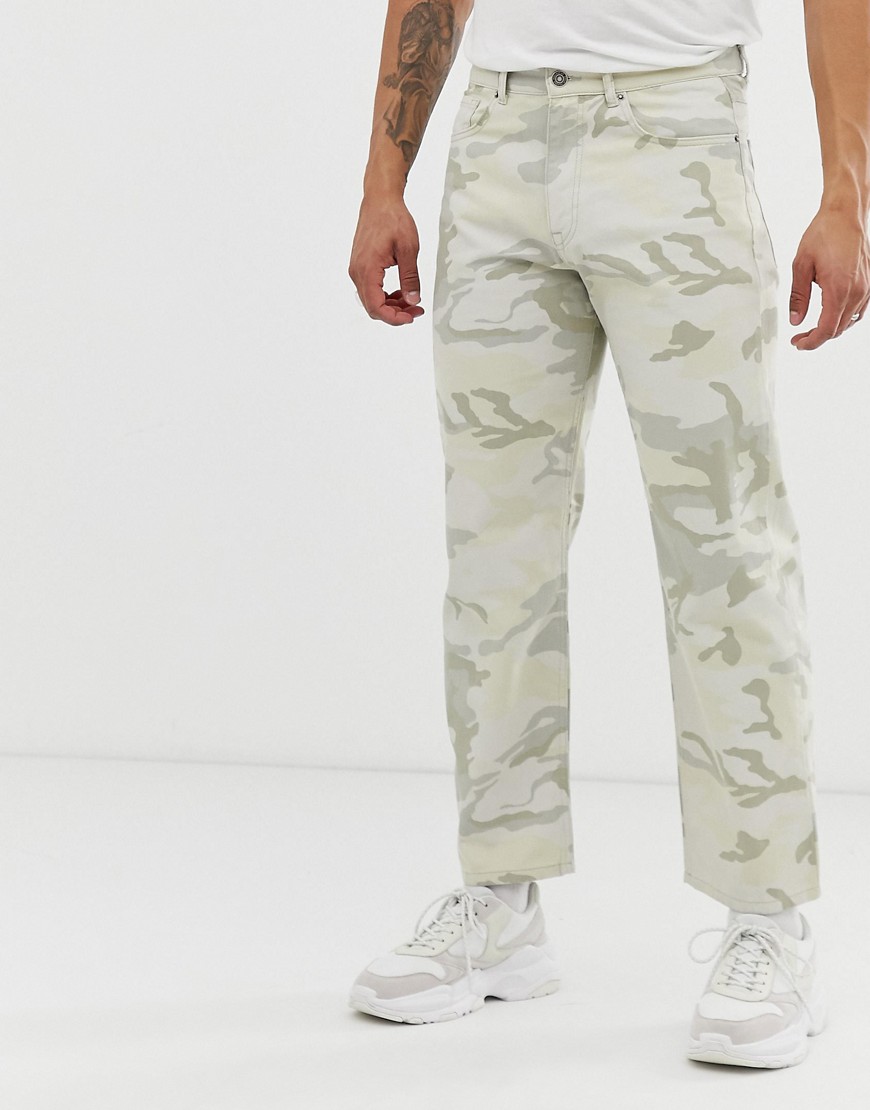 Pull&Bear - Pantaloni grigio pietra mimetico con fondo ampio-Beige