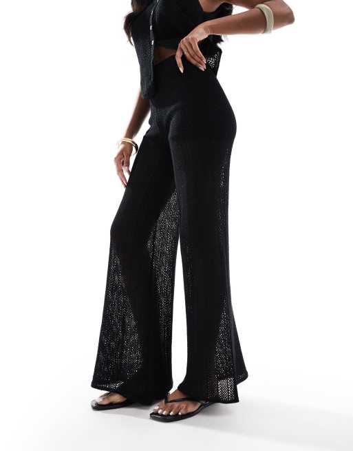 Pull&Bear - Pantaloni in maglia all'uncinetto neri in coordinato, 2 di 5
