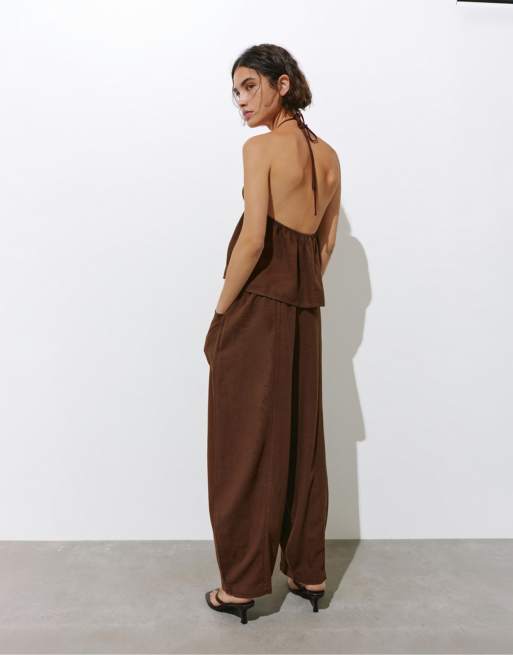 Pull&Bear - Pantaloni in misto lino color cioccolato, 2 di 4