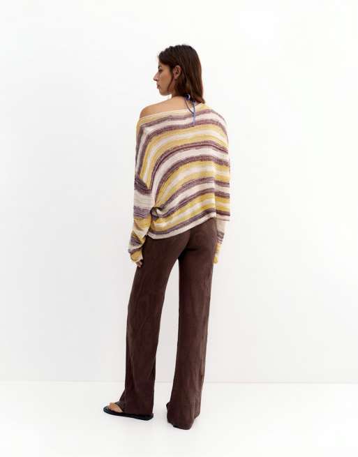 Pull&Bear - Pantaloni marroni con cut-out floreali, 4 di 7