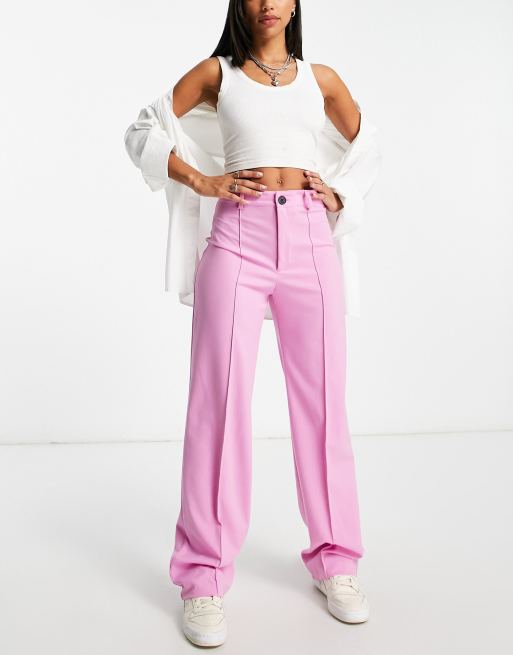 Pull&Bear - Pantaloni sartoriali dritti a vita alta rosa con cuciture sul davanti, 3 di 4