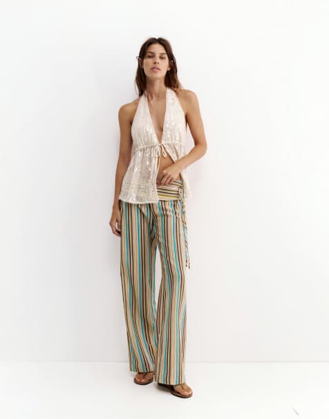 Pull&Bear - Pantaloni verdi a righe allacciati in vita - view 1