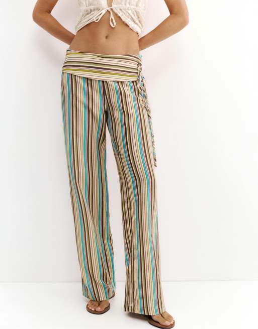 Pull&Bear - Pantaloni verdi a righe allacciati in vita, 2 di 7
