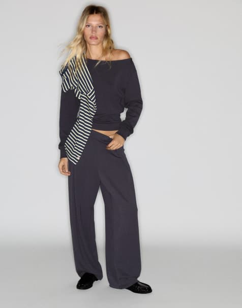 Pull&Bear pantaloni wide leg con pinces grigi - view 1