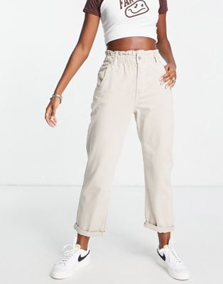 Pull&Bear paperbag high waisted trousers in stone