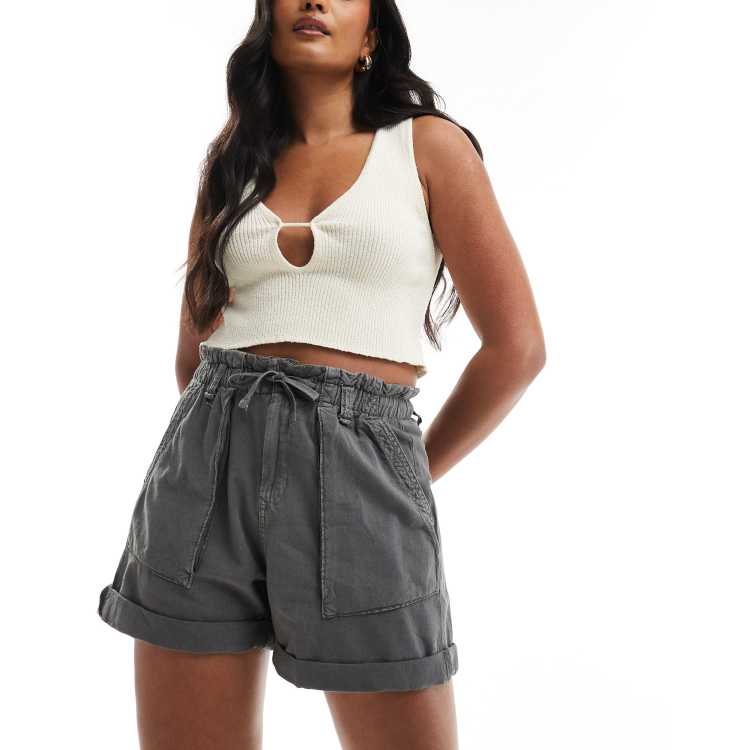 Pull Bear paperbag waist cotton short in washed grey ASOS