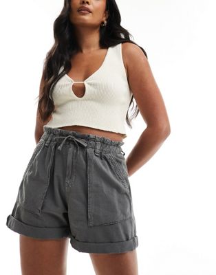 Pull & Bear Paperbag Waist Cotton Shorts In Washed Gray
